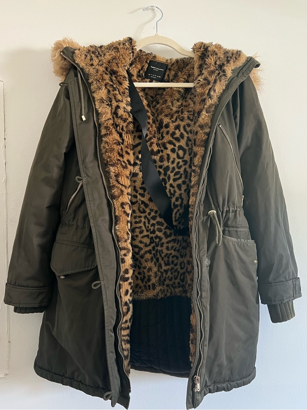 Zara Olive Green Utility Parka with Leopard Faux Fur Lining